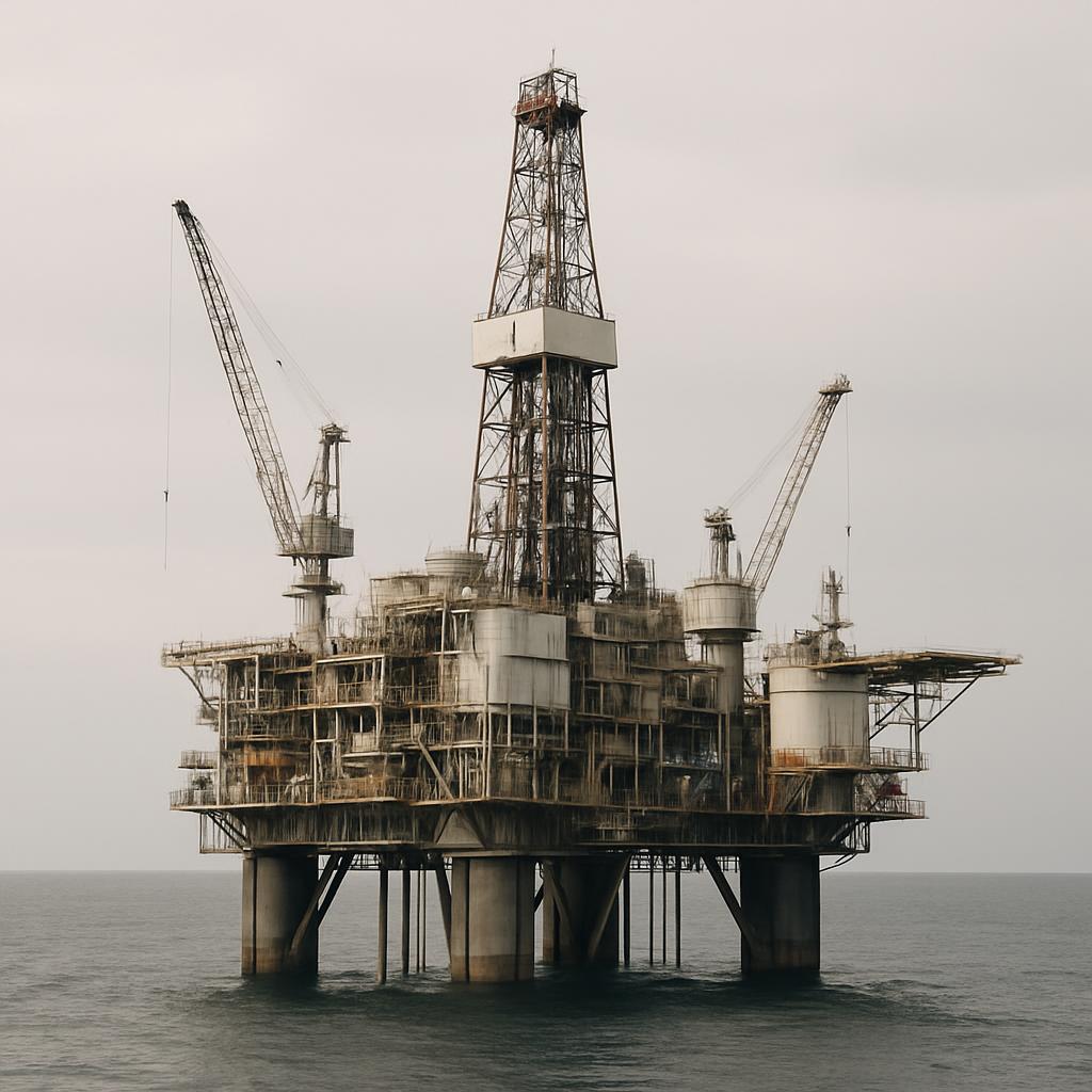An offshore oil rig, featuring a tall metal structure and multiple cranes, situated in the middle of a large body of water...